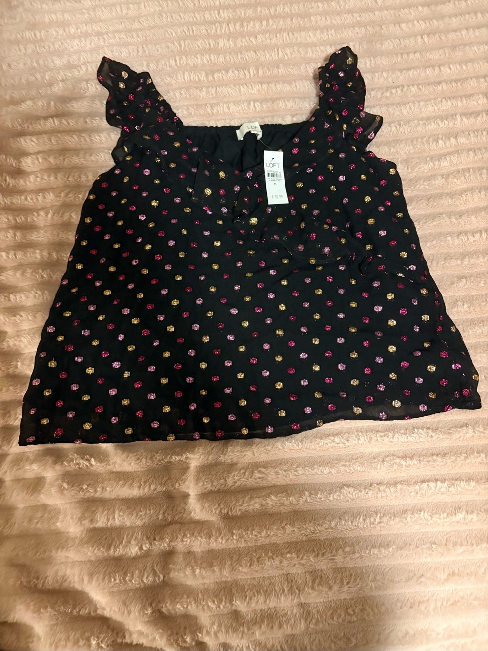 LOFT Black Ruffle Strap Tank with Pink & Gold Dot Accents NWT size M
